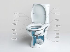 Cross-section diagram of toilet showing internal components and water flow