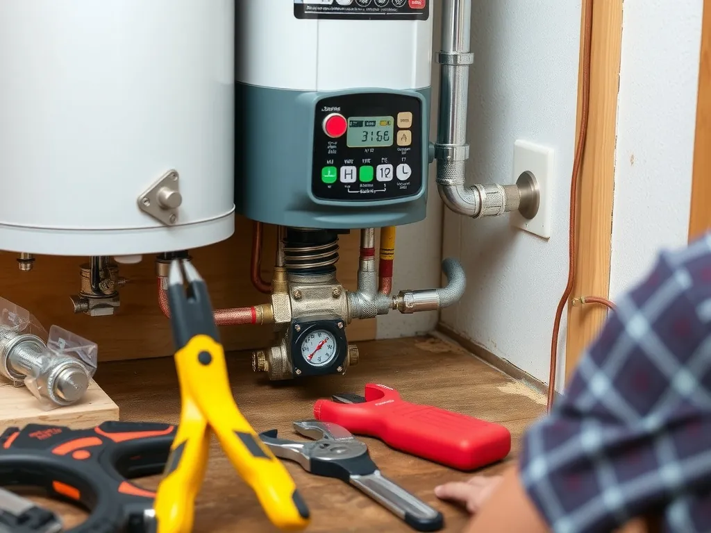 Professional An emergency hot water heater failure leaves house setup with proper tools and equipment