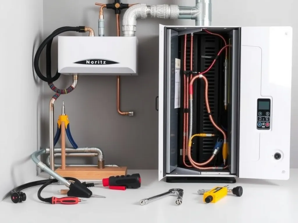 Professional Noritz tankless water heater setup with proper tools and equipment